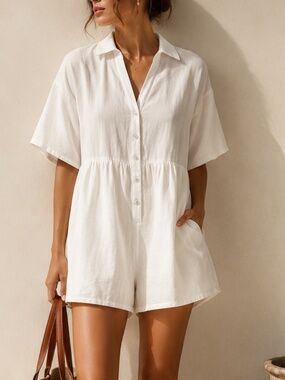 Vestique White Linen Oversized Babydoll Romper - Size Small
